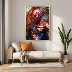 Spider-Man Unmasked Intensity artwork in luxury golden floater frame featuring iconic close-up mask design