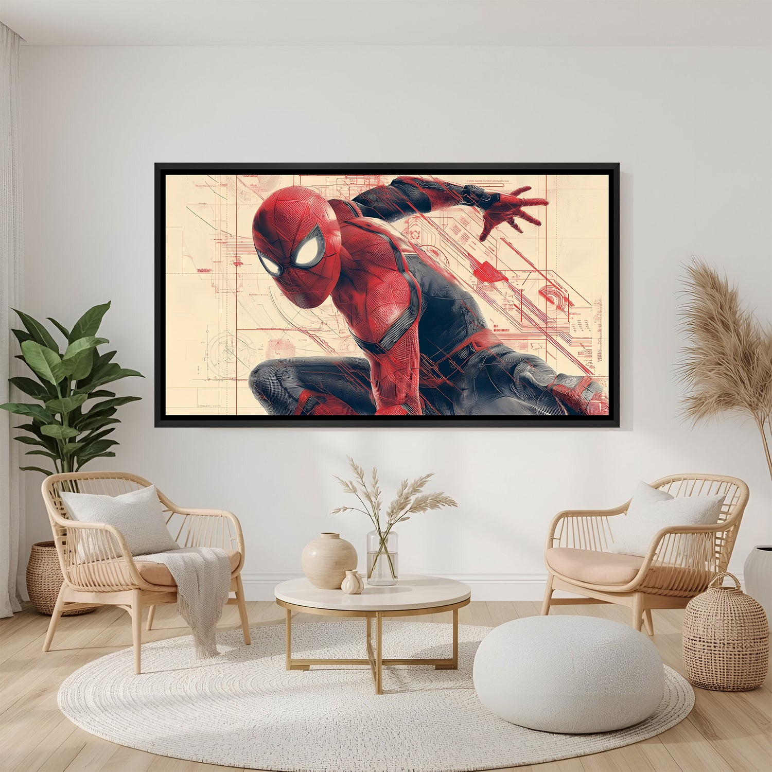 Spider-Man Web of Destiny wall painting in black floater frame with cinematic superhero action artwork