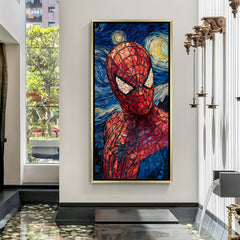 Spider-Man Marvel superhero close-up artwork in luxury golden floater frame with cosmic background