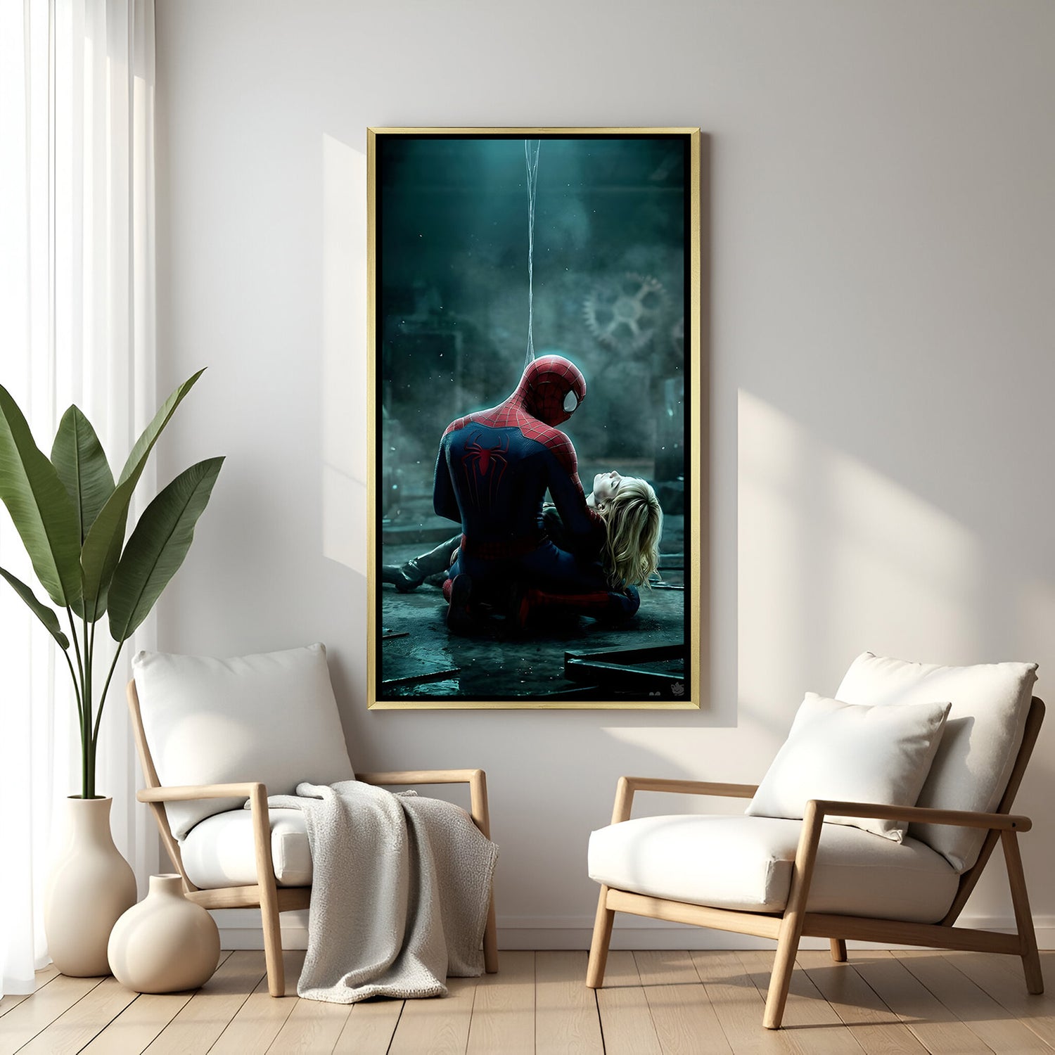 Spider-Man emotional cinematic Marvel artwork with Gwen Stacy in luxury golden floater frame