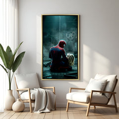 Spider-Man emotional cinematic Marvel artwork with Gwen Stacy in luxury golden floater frame