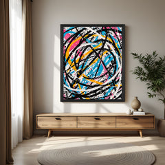 Black frame spiral abstract canvas – multicolor hand-painted swirl strokes in expressive abstract wall art for bold interiors