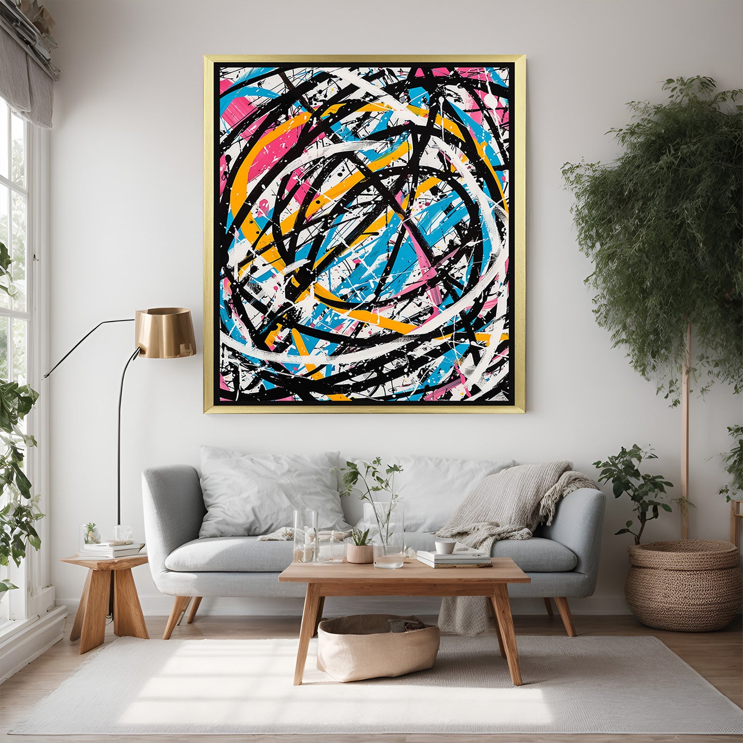 Golden frame abstract spiral canvas – circular brushstroke modern painting for stylish wall decor and large canvas display
