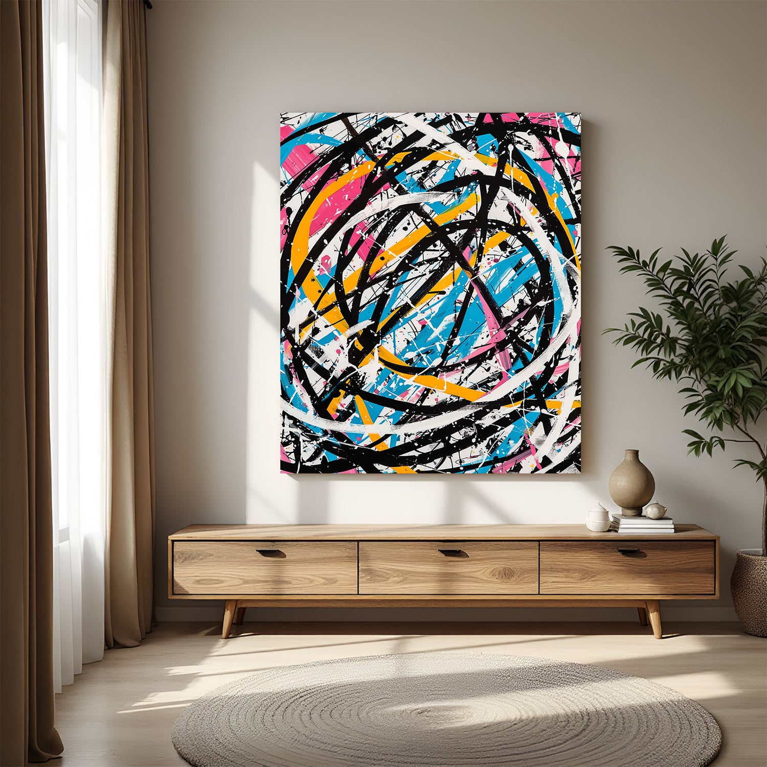 Colorful spiral stroke abstract wall art – vibrant canvas with hand-drawn swirling brushstrokes in modern abstract style