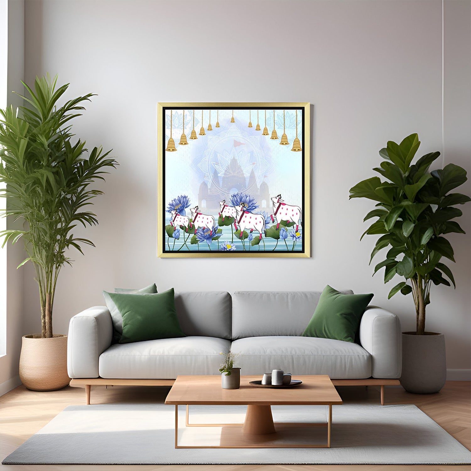 Golden floater frame 5 cow Pichwai canvas wall painting for spiritual and office decor