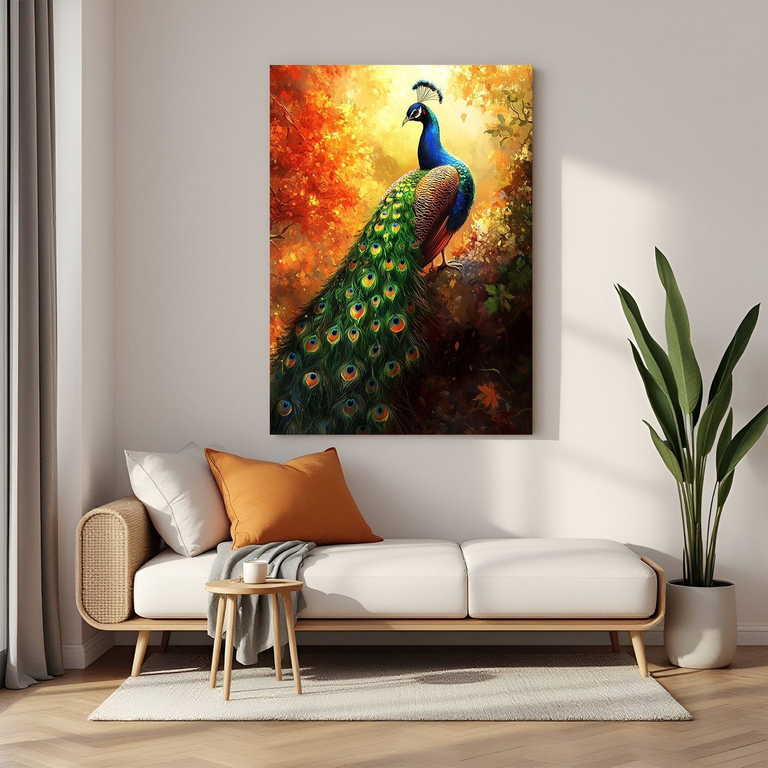 Spiritual peacock canvas wall art symbolizing grace, prosperity, and divine vastu energy for elegant home or office decor