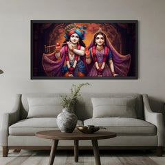 Radha Krishna spiritual canvas painting in a black floater frame, ideal for Vastu decor in home or couple’s bedroom to attract peace and devotion