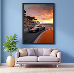Black floater frame canvas print featuring a powerful sports car on a wide, clean road—ideal for adding a touch of speed and modern design to your decor