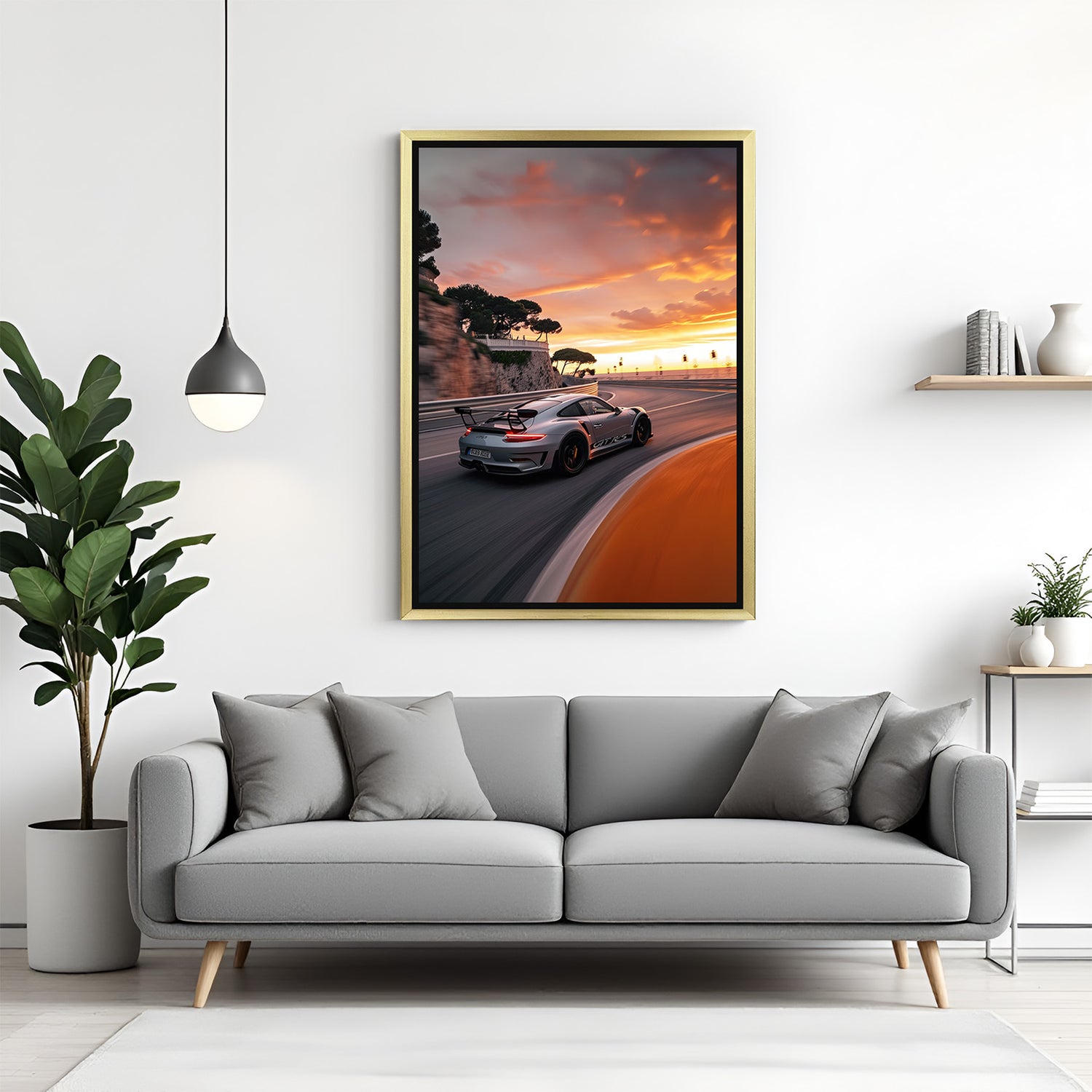 Golden frame canvas artwork showing a sports car in motion on an empty highway, reflecting high-end taste and dynamic wall decor for car lovers