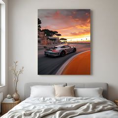 Canvas wall art of a sports car driving on a clean, empty road—perfect for modern interiors that admire speed, focus, and luxury automobile aesthetics
