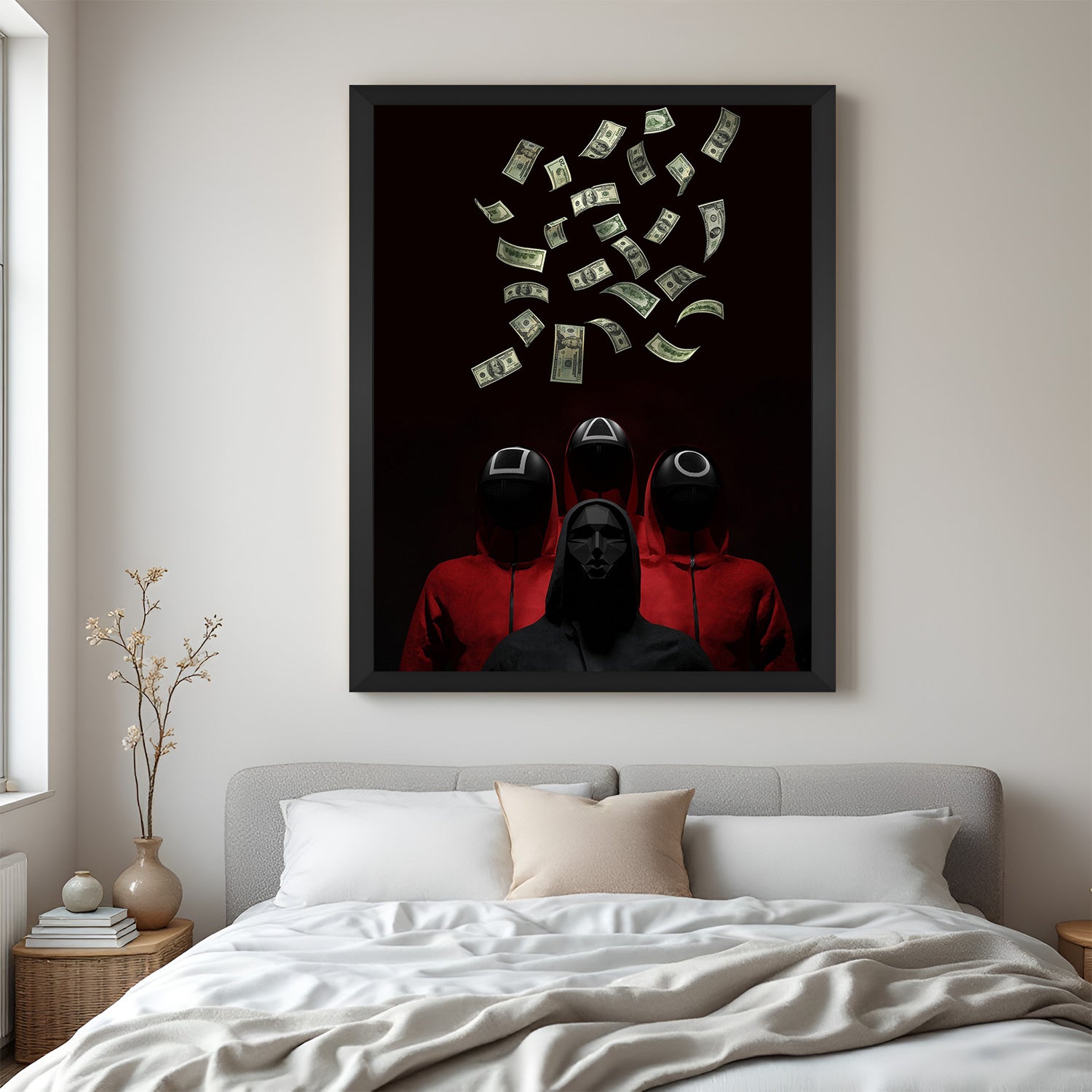 Framed modern art canvas with Squid Game elements and money-themed visuals, perfect for bold, edgy home or office wall decor in a black floater frame