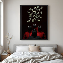 Framed modern art canvas with Squid Game elements and money-themed visuals, perfect for bold, edgy home or office wall decor in a black floater frame