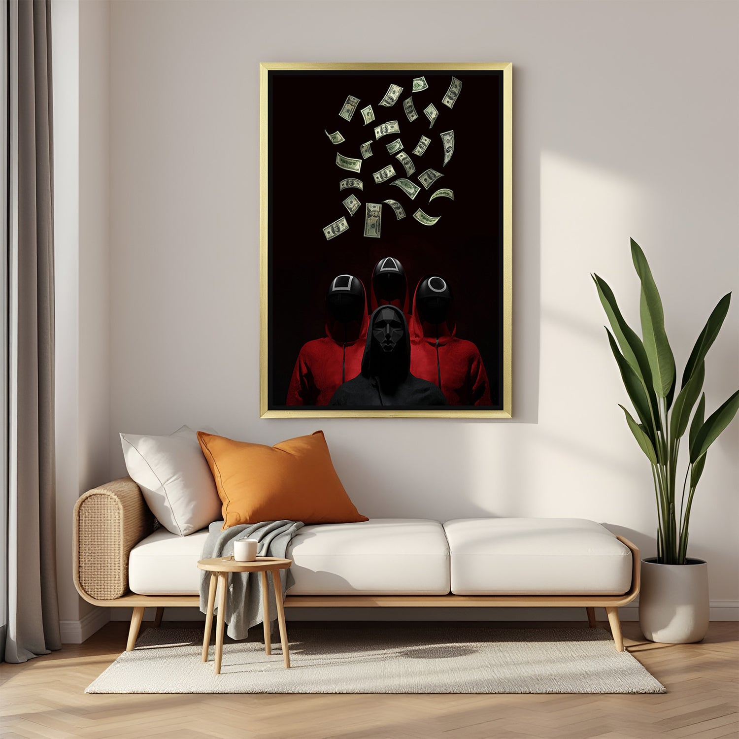 Golden framed Squid Game modern art canvas showcasing masked characters and money storm visuals, ideal for stylish pop culture and drama-themed interiors