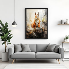 Squirrel in winter scene printed on canvas with black floater frame, perfect for warm, rustic, or seasonal spaces