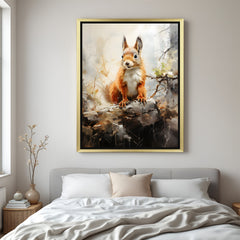 Charming squirrel in snow artwork on canvas with golden floater frame, great for soft nature decor with elegance