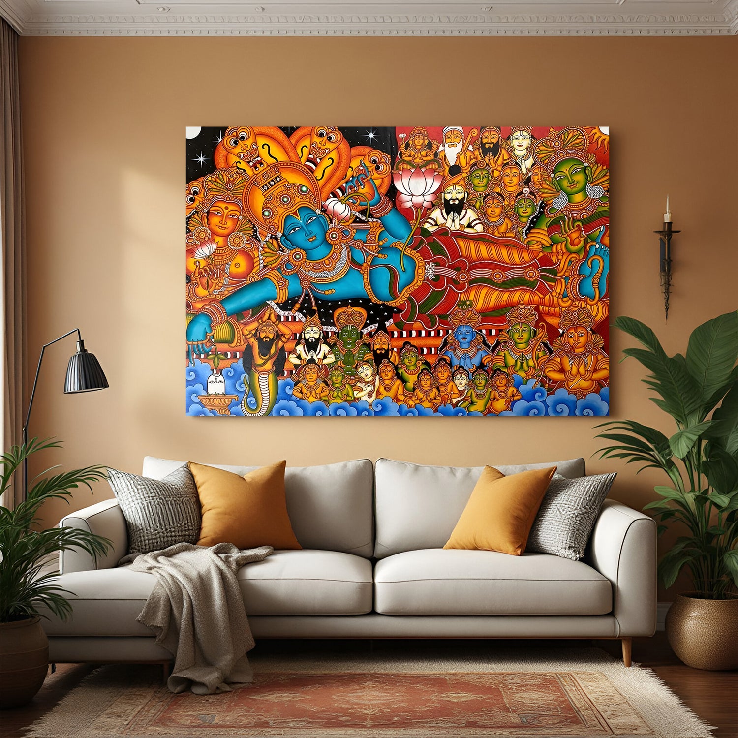 Sri Hari Kerala mural canvas wall art in premium canvas wrapped frame featuring traditional temple painting details