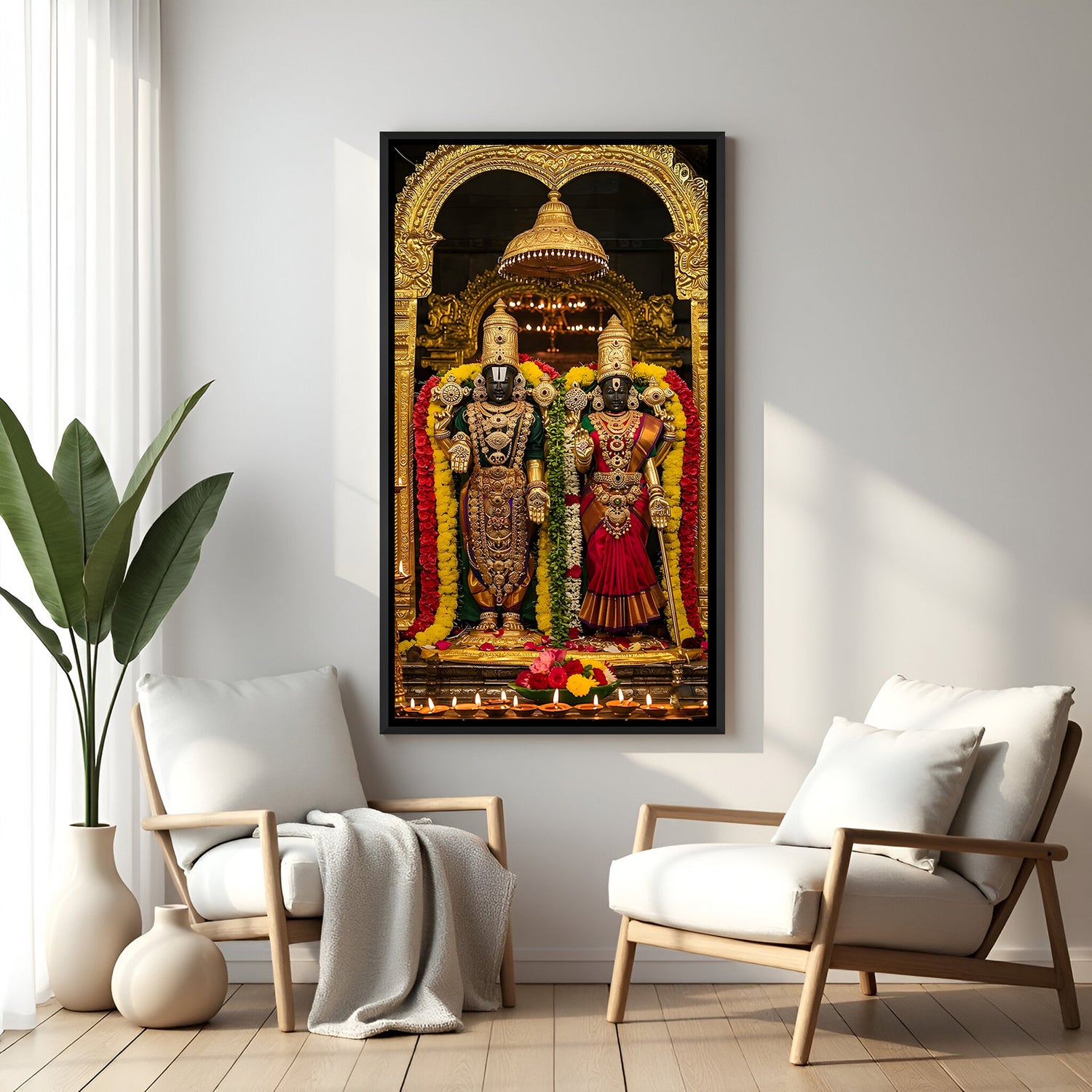 Tirupati Balaji and Lakshmi traditional temple artwork in elegant black floater frame
