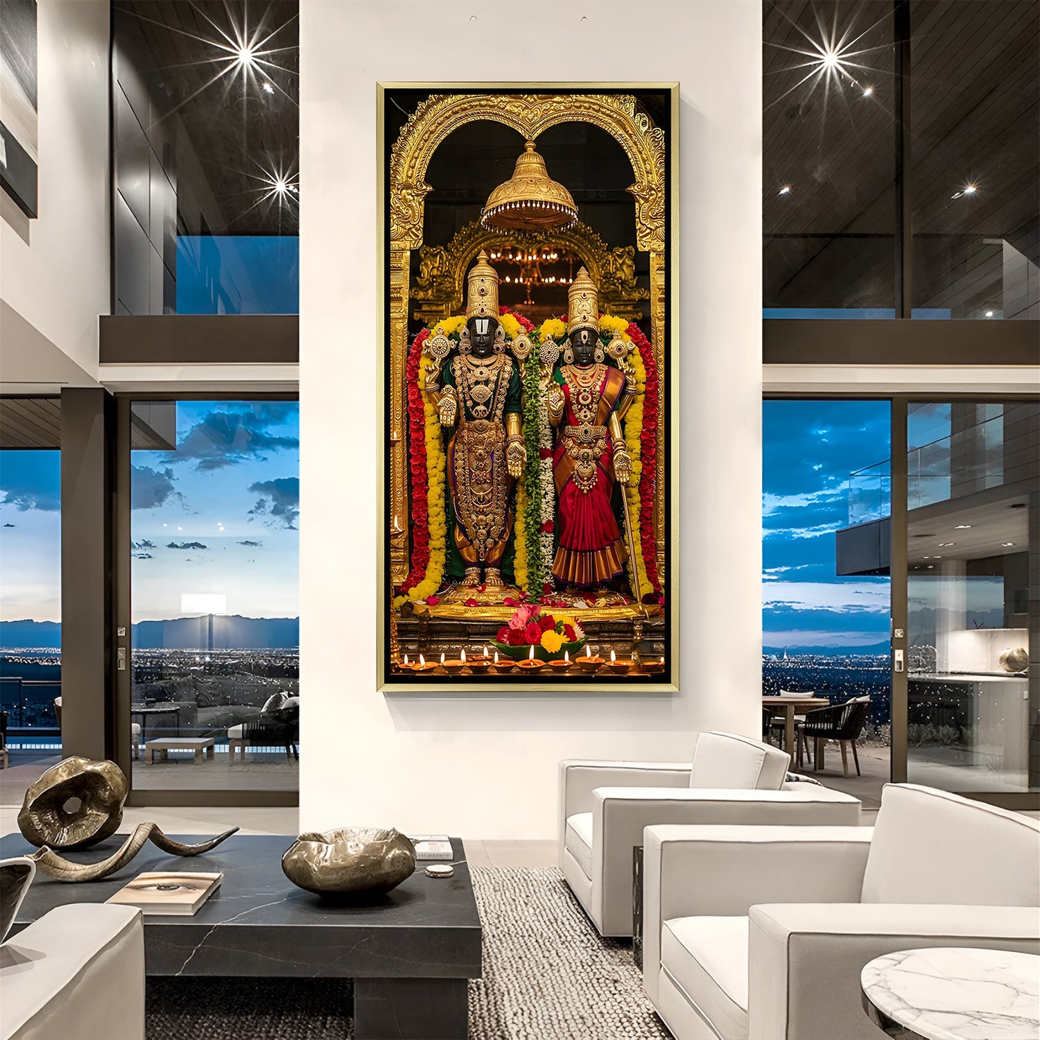 Divine Tirupati Balaji and Goddess Lakshmi canvas painting with ornate golden arch in luxurious golden floater frame