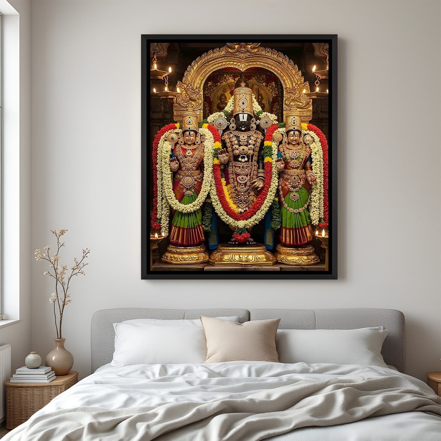 Traditional Tirupati Balaji temple artwork with Padmavati and Bhudevi in elegant black floater frame