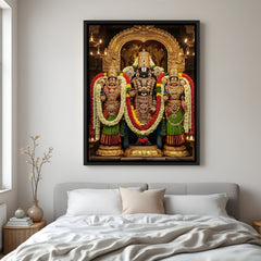 Traditional Tirupati Balaji temple artwork with Padmavati and Bhudevi in elegant black floater frame
