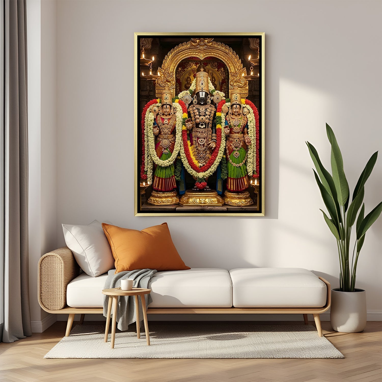 Lord Venkateswara canvas painting with Goddess Padmavati and Bhudevi in luxurious golden floater frame