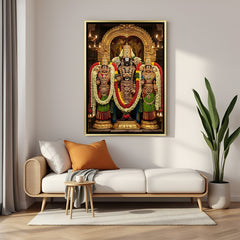 Lord Venkateswara canvas painting with Goddess Padmavati and Bhudevi in luxurious golden floater frame