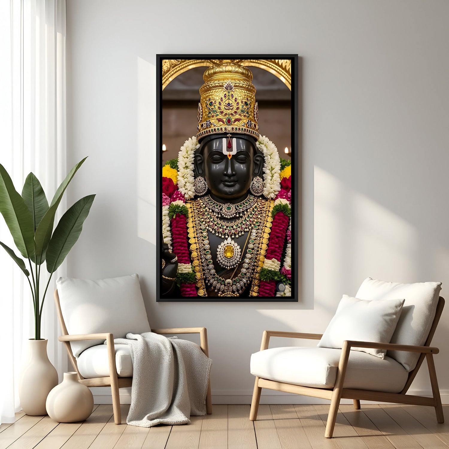 Majestic Tirupati Balaji artwork with golden jewelry and floral garlands in elegant black floater frame