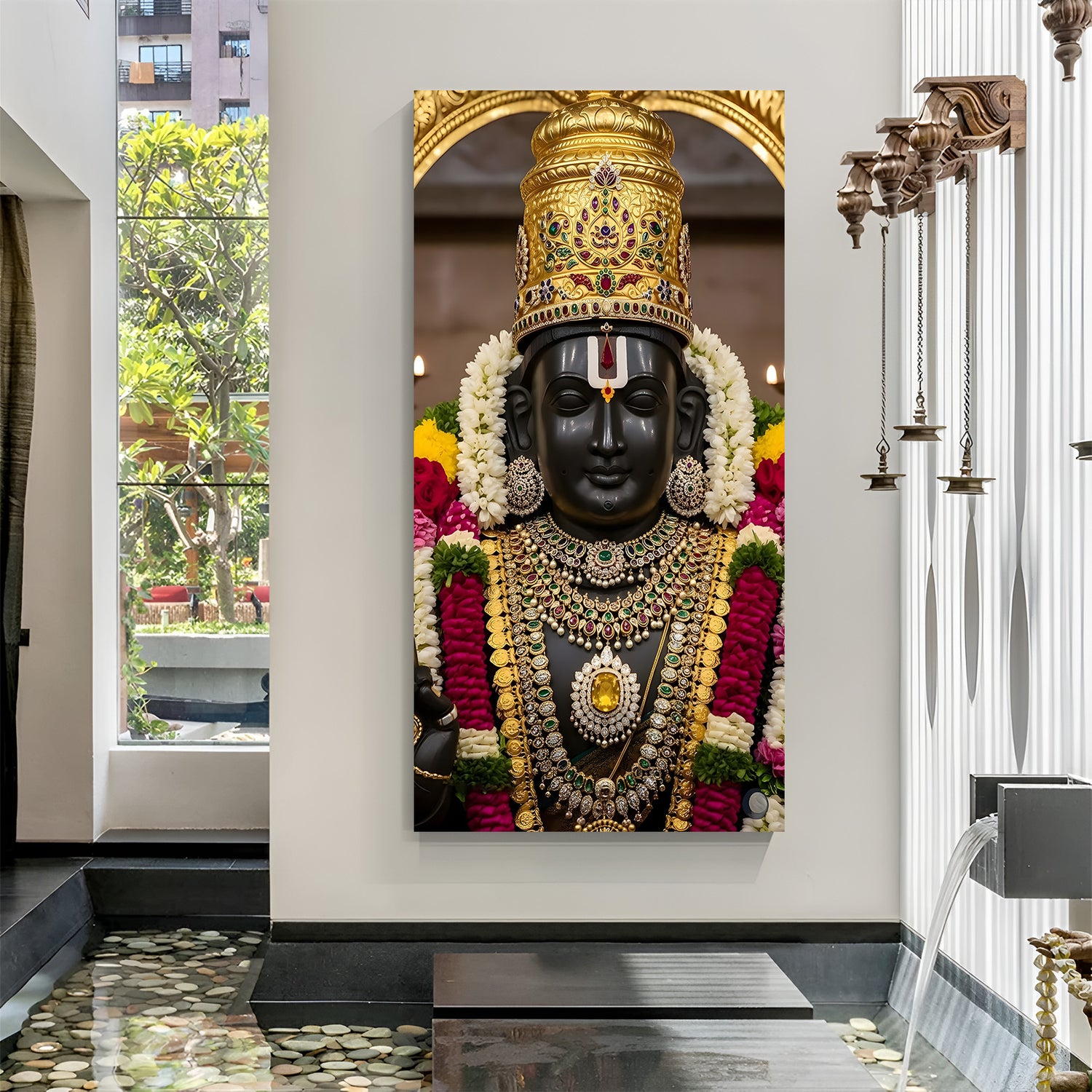 Detailed Tirupati Balaji portrait with ornate golden crown and traditional archway in premium canvas wrapped frame