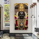 Detailed Tirupati Balaji portrait with ornate golden crown and traditional archway in premium canvas wrapped frame