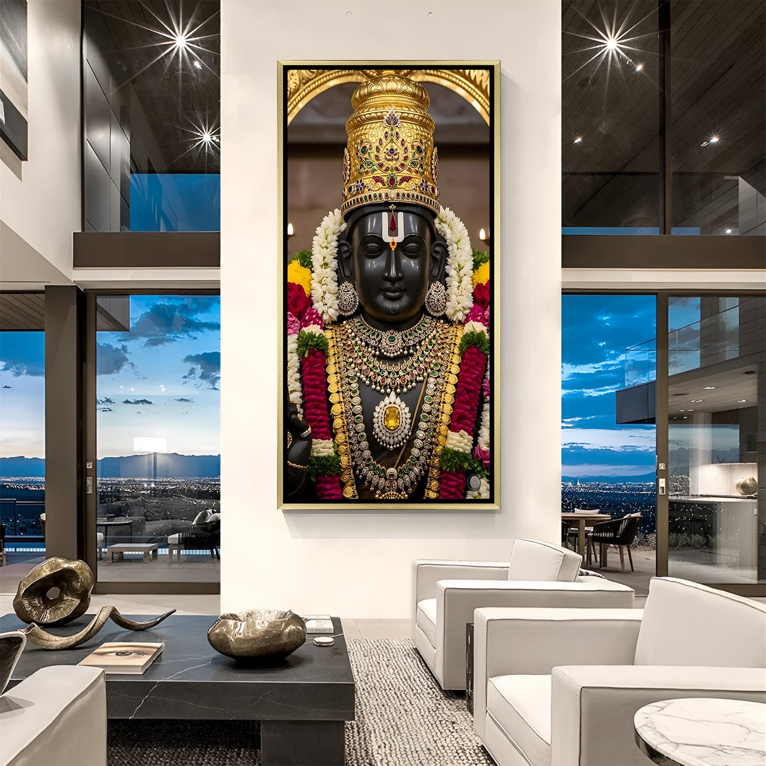 Royal Tirupati Balaji canvas painting with ornate crown and sacred gold arch in luxurious golden floater frame
