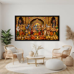 Vishnu Kalyanam artwork with celestial assembly and sacred fire ritual in elegant black floater frame