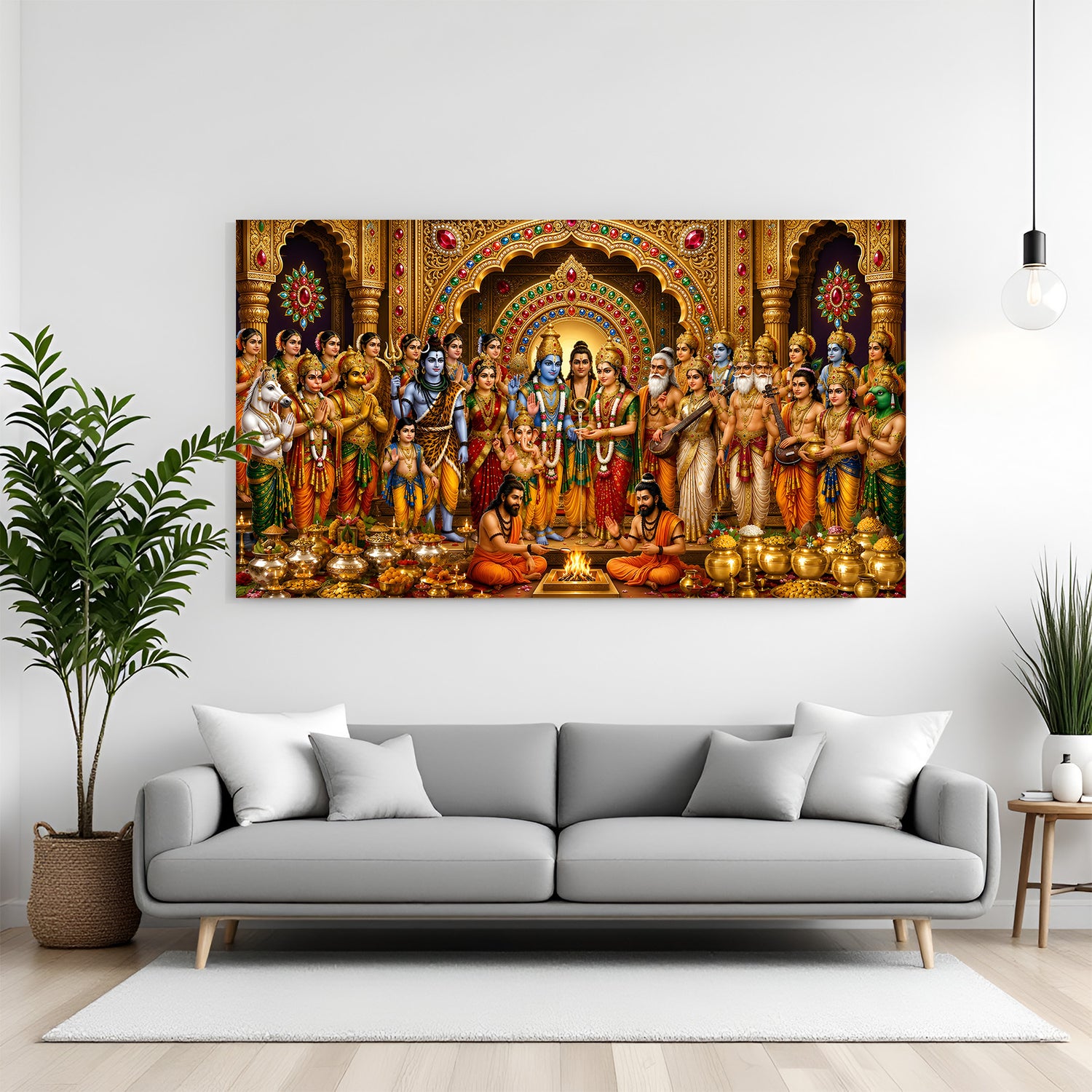 Lord Vishnu and Goddess Lakshmi divine wedding ceremony surrounded by deities and sages in premium canvas wrapped frame