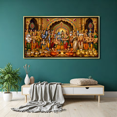 Grand Vishnu Lakshmi wedding painting with divine gathering in luxurious golden floater frame
