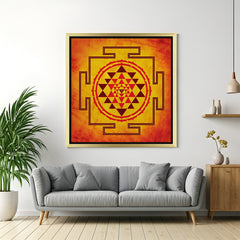 Golden frame Sri Yantra canvas art – sacred geometric wall painting for Indian home and office interiors
