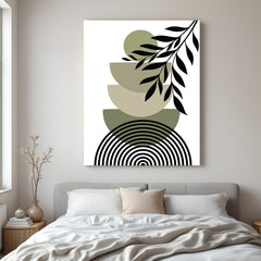 Boho canvas wall art with circular base lines, earthy U-shapes, green circle, and leaf stem