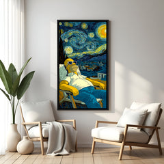 Simpson starry night cartoon artwork in elegant black floater frame featuring relaxing celestial scenery