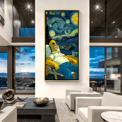 Luxury Simpson canvas artwork in golden floater frame with peaceful starry night and cartoon aesthetic