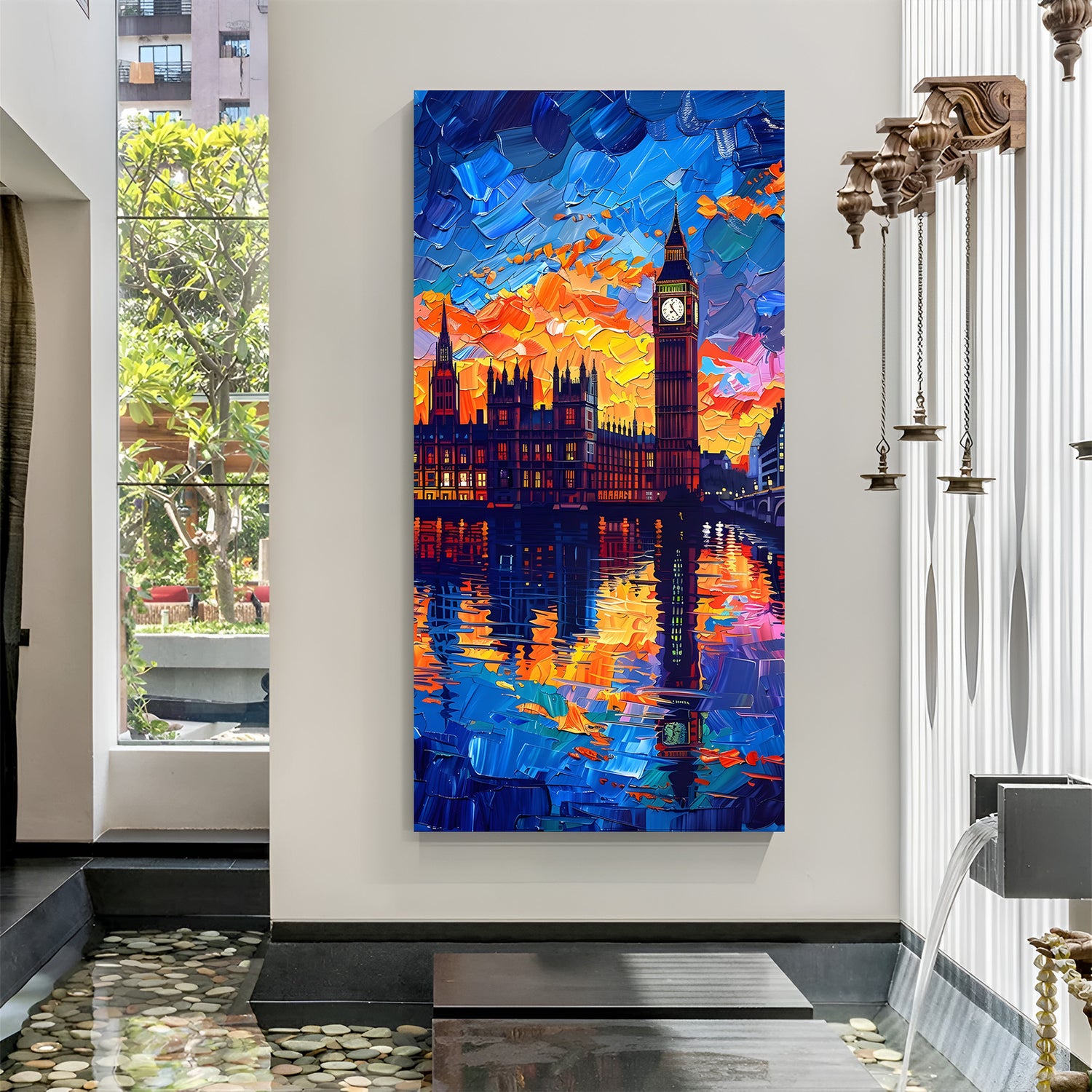 Starry night cityscape modern canvas wall painting with glowing urban skyline and artistic night sky in canvas wrapped frame