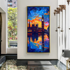 Luxury starry night city canvas artwork in golden floater frame featuring vibrant skyline and dreamy sky textures
