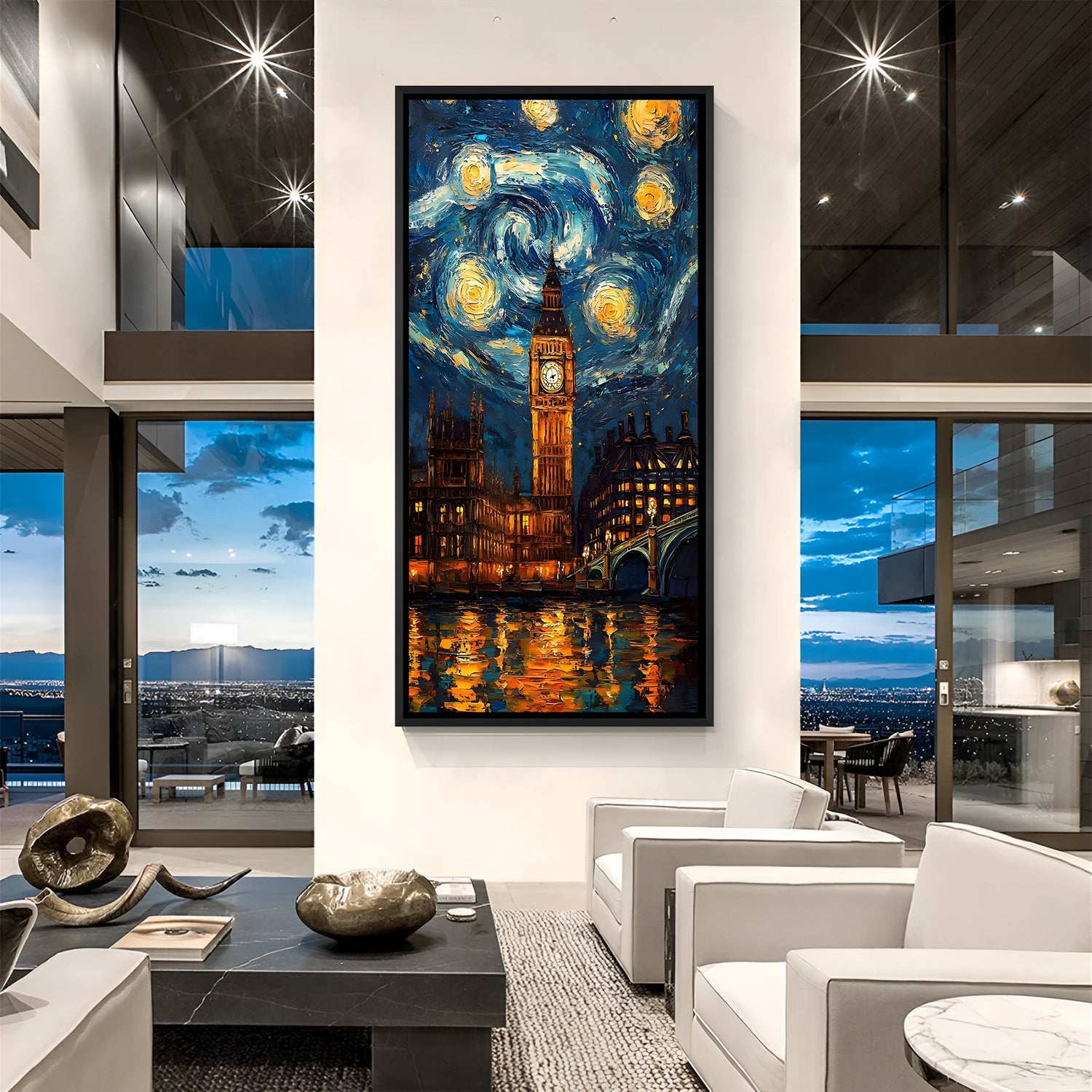 Modern city clock tower artwork in black floater frame with starry night sky and reflective river scenery