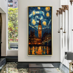 Luxury starry night city canvas artwork in golden floater frame featuring river reflections and illuminated clock tower