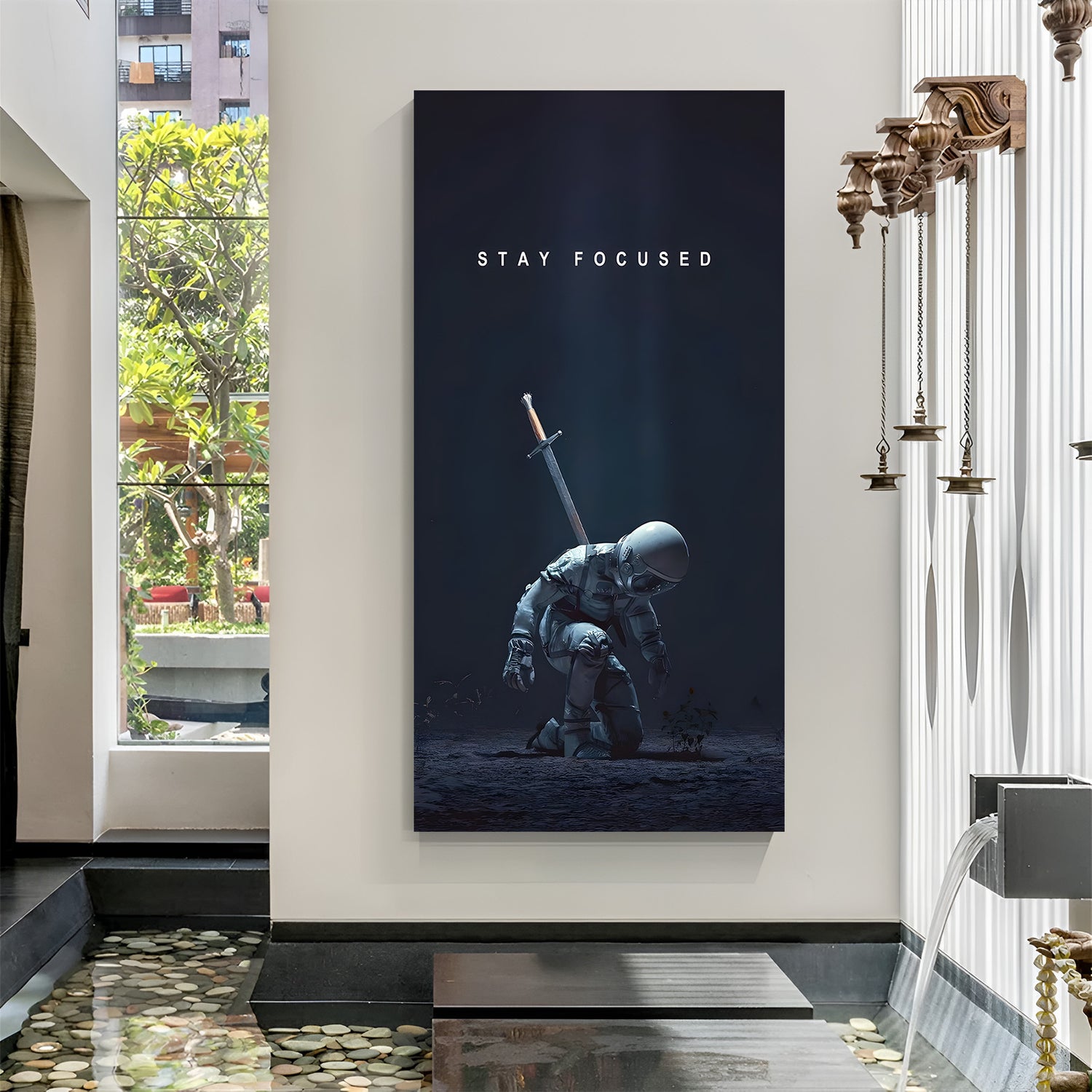 Stay Focused space motivation canvas wall art in premium canvas wrapped frame with cosmic galaxy background inspirational design