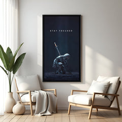 Space motivational wall art with Stay Focused quote in elegant black floater frame for modern office and study decor