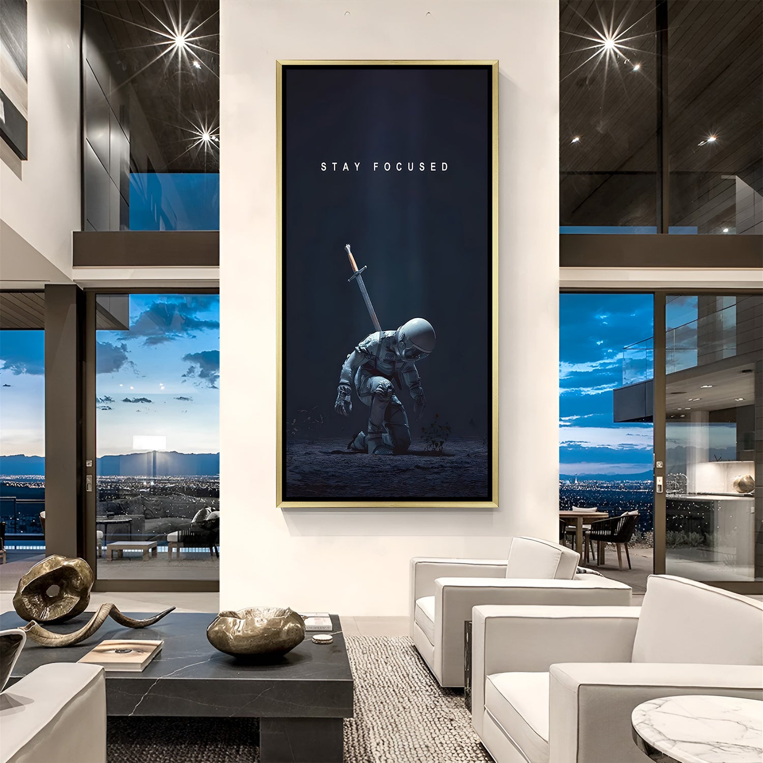 Luxury Stay Focused space canvas artwork in golden floater frame with cosmic inspirational galaxy theme