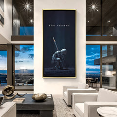 Luxury Stay Focused space canvas artwork in golden floater frame with cosmic inspirational galaxy theme