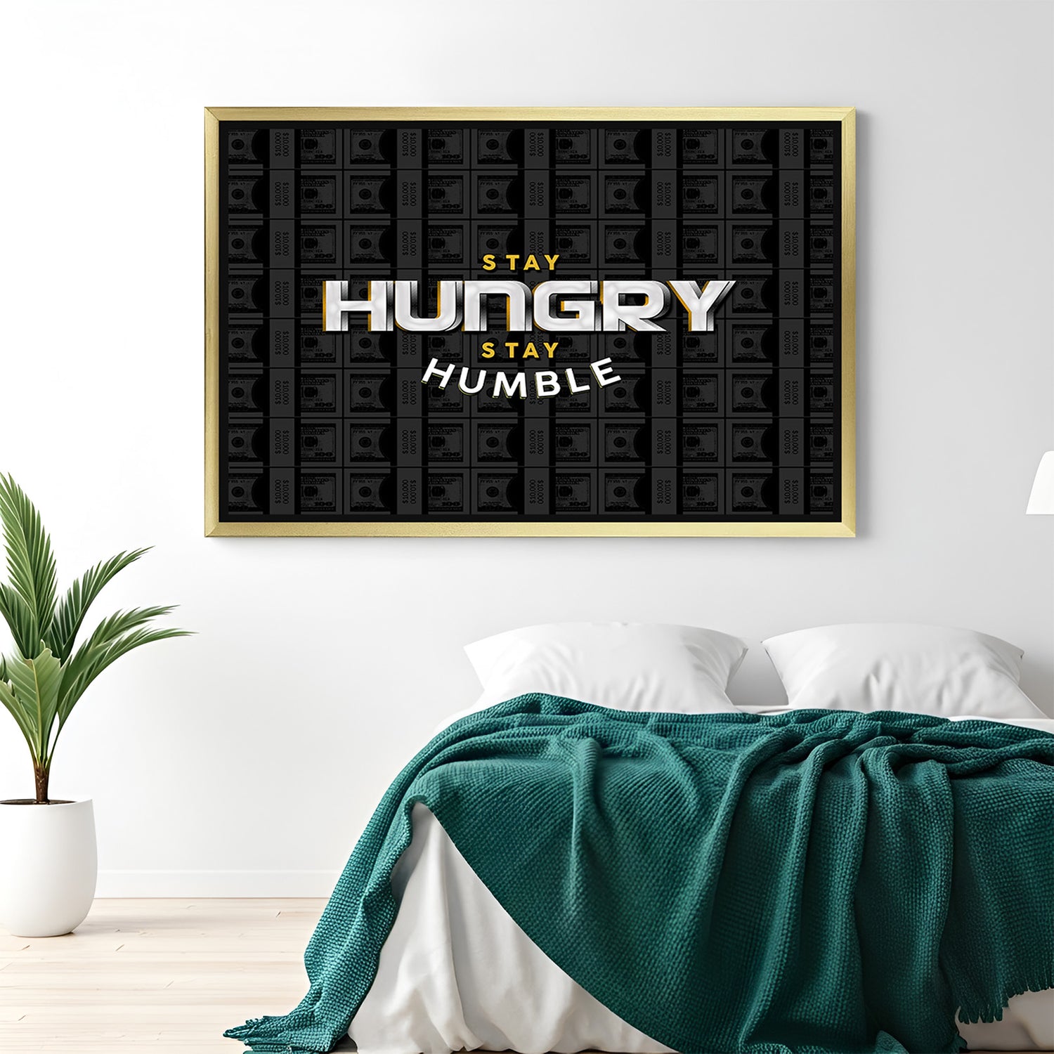 Stay hungry stay humble wall art in golden floater frame with elegant finish, motivational typography, and decor impact for office or personal space