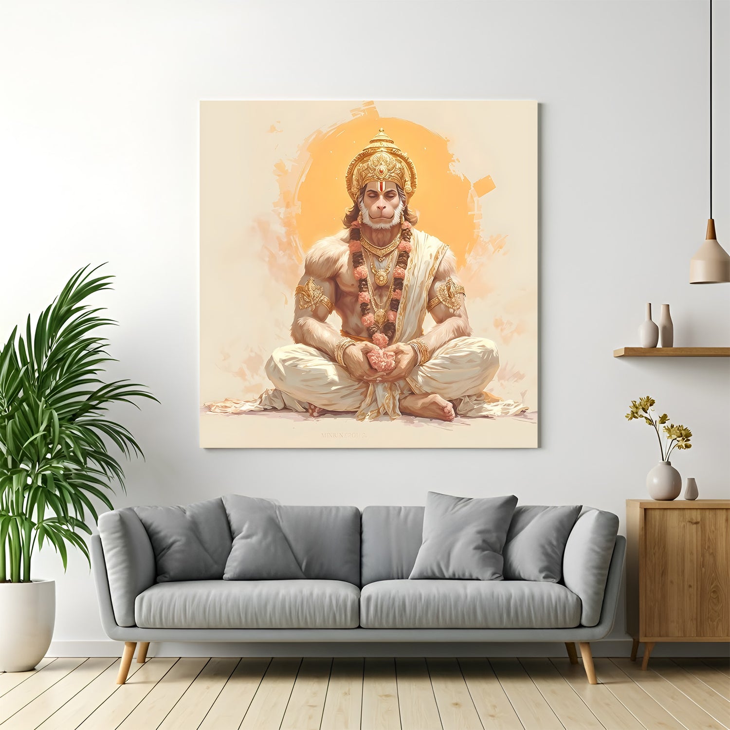 Lord Hanuman meditating in a peaceful spiritual pose in premium canvas wrapped frame