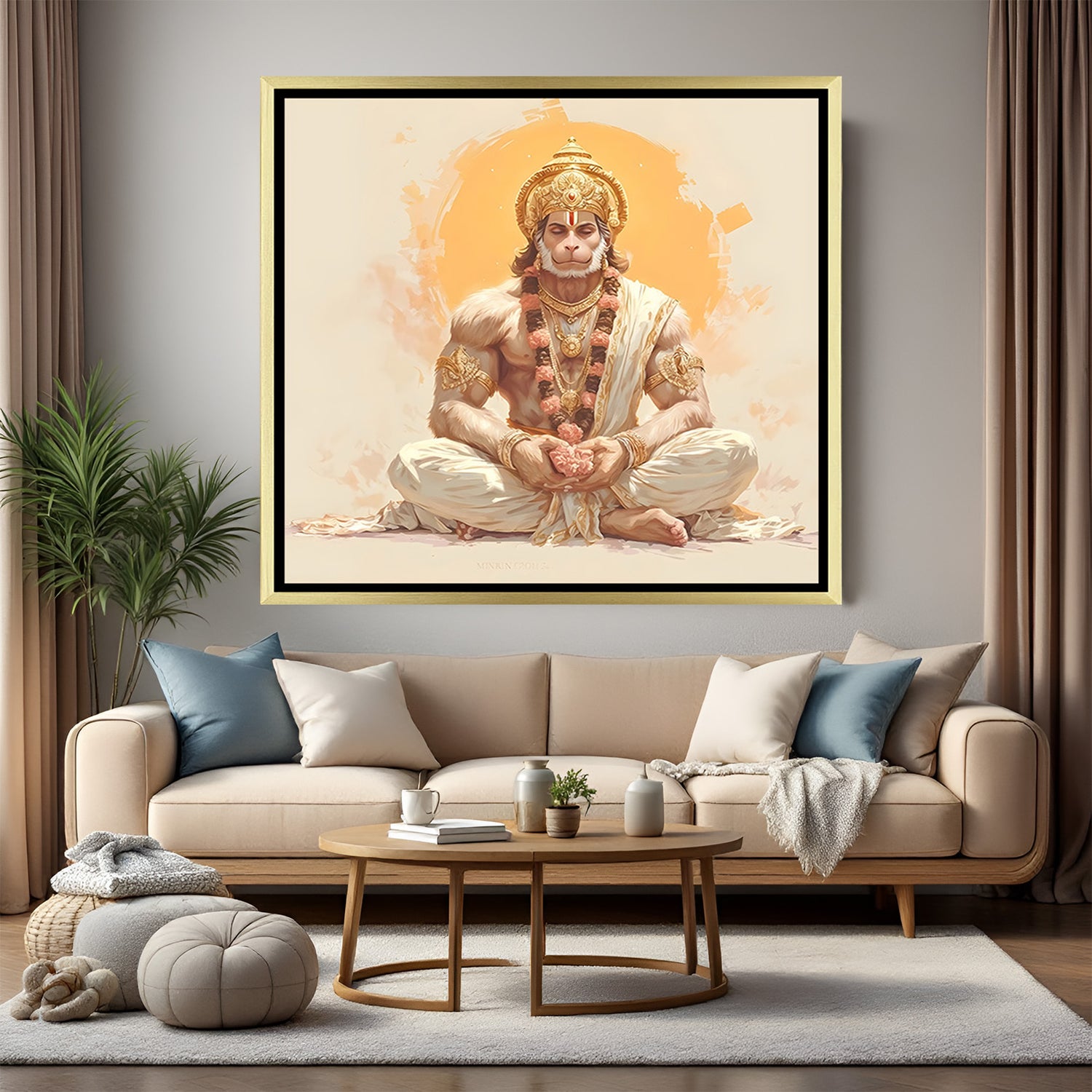 Stillness of the Sacred Hanuman artwork in luxury golden floater frame featuring deep meditation posture