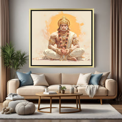 Stillness of the Sacred Hanuman artwork in luxury golden floater frame featuring deep meditation posture