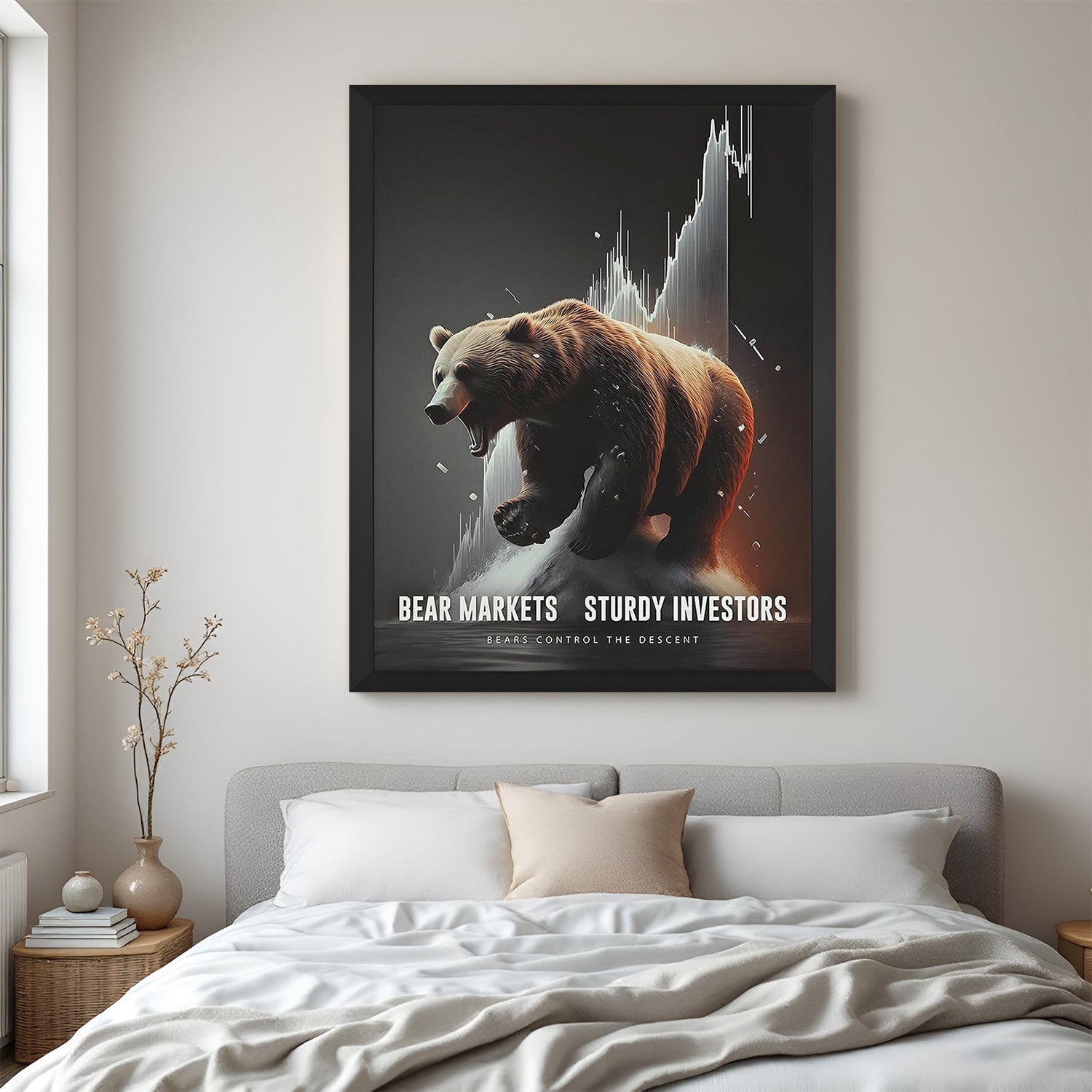 Stock market bear canvas in black floater frame for investor or trader wall decor
